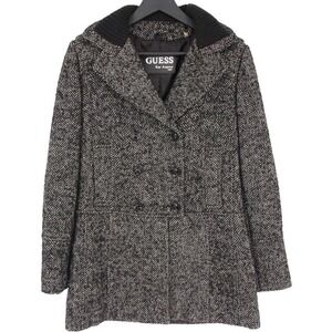 Guess Womens Herringbone Wool Blend Double Breasted Pea Coat Size M Black White